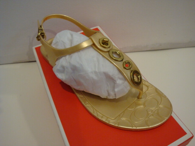 NIB New Women’s Coach Phila Jelly Flat Thong Sandal Gold Size 8