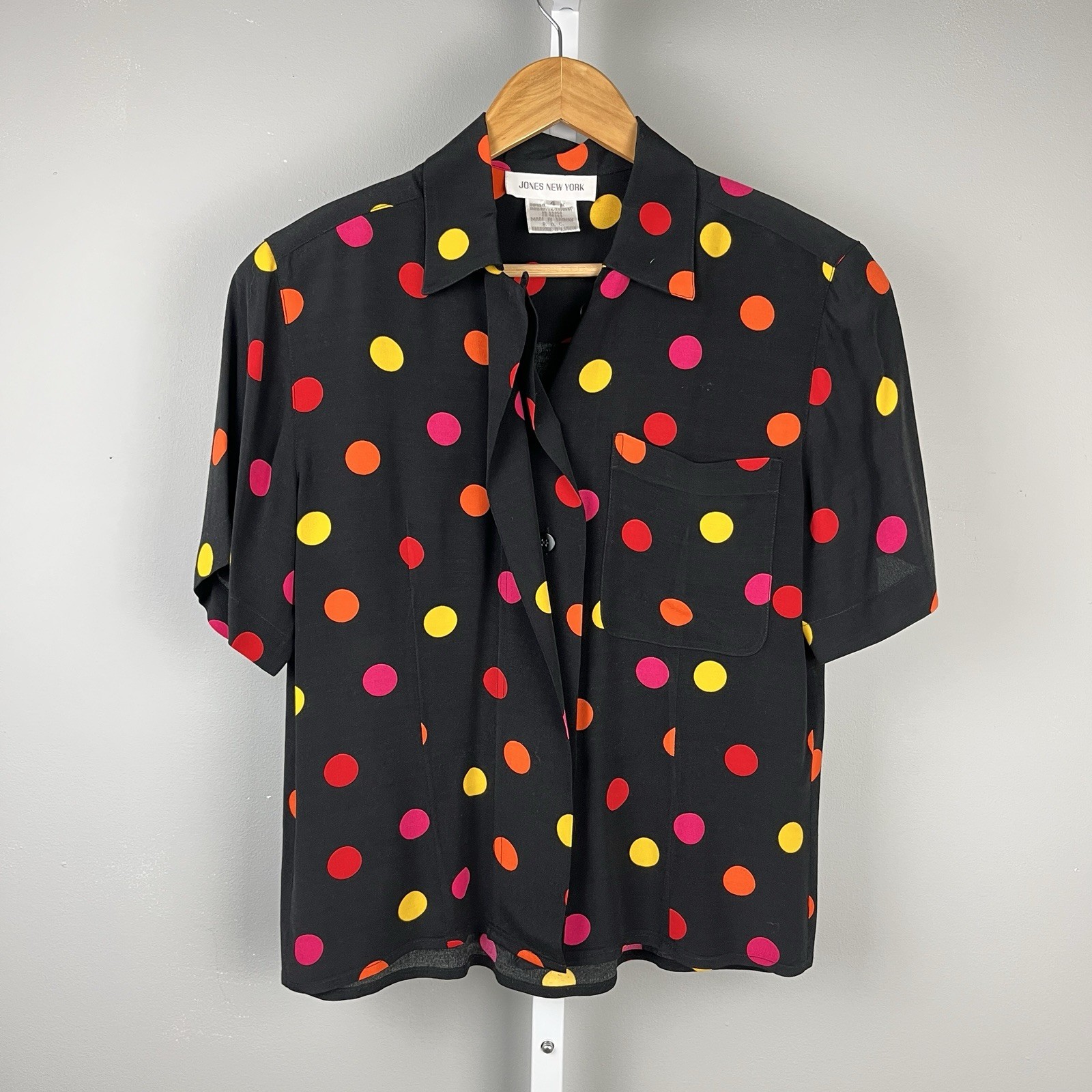 Jones New York Vintage Button Up Shirt Top Womens Size 4 Black Multi Polka Dot