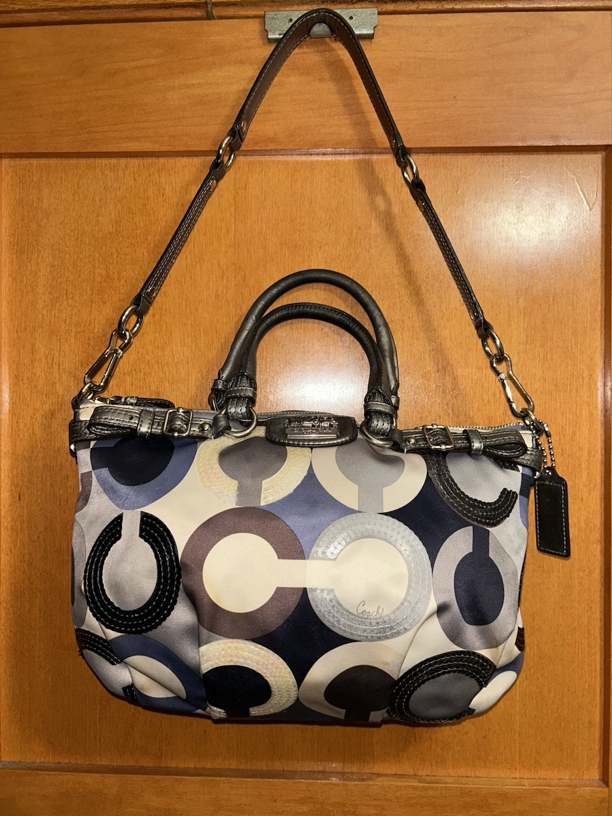 Coach Madison Op Art Sequined Bag Sophia Satchel Satin And Leather Purse