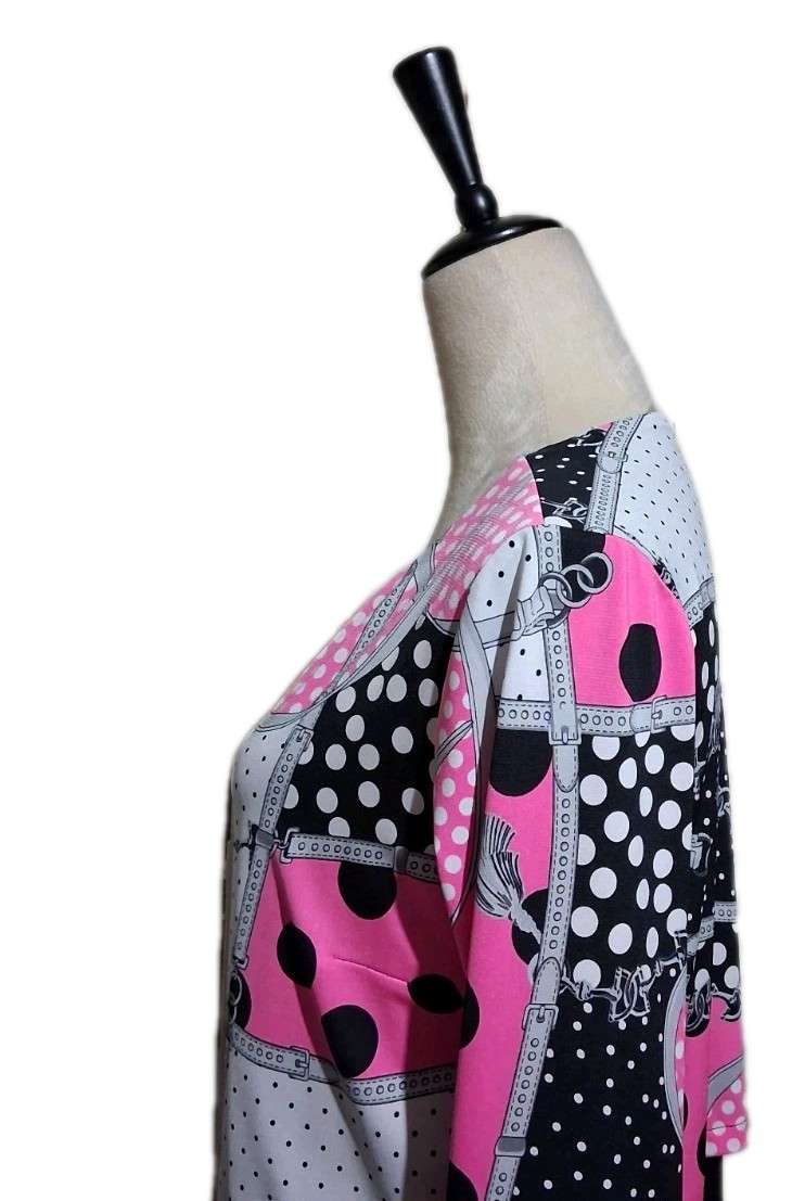 Nygard Layered Tunic Stretch Top Pink Black White Mixed Print 3/4 Sleeve Small