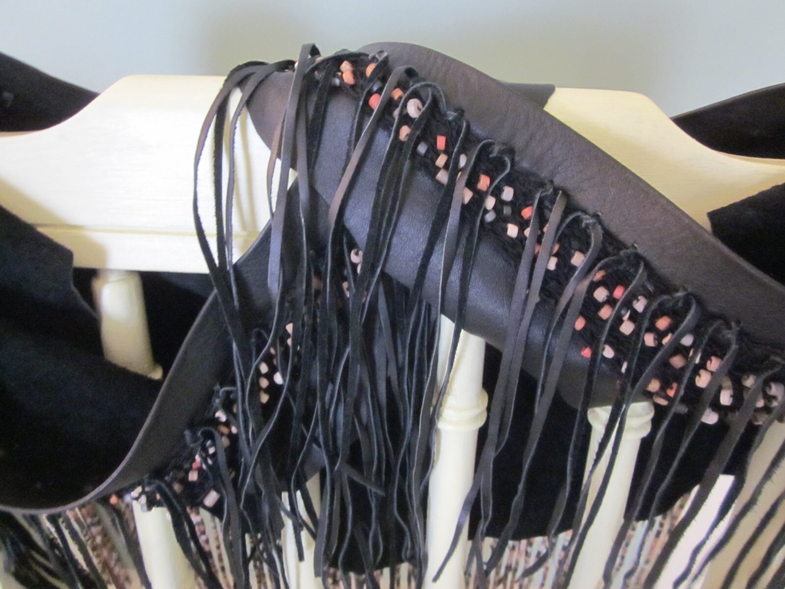  Hand Made Beaded Mesh and Leather Fringe 56″ Hip/ Shoulder Scarf