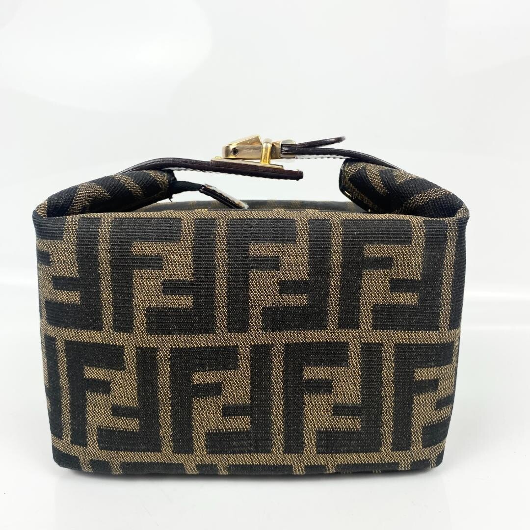 Fendi Zucca FF Logo Vanity Bag Canvas Leather Brown Gold Italy Top Handle Zip