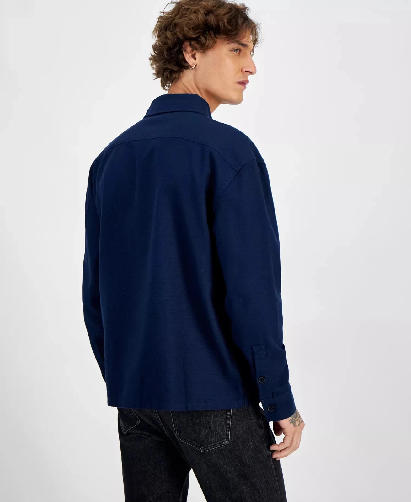 Sun + Stone Men’s Chest Pocket Collared Overshirt, Basic Navy, Size L