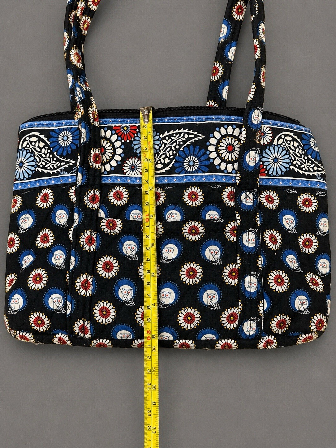 Quilted Floral Owl Print Zip Tote Bag Medium Lined Inner Pockets Black Blue