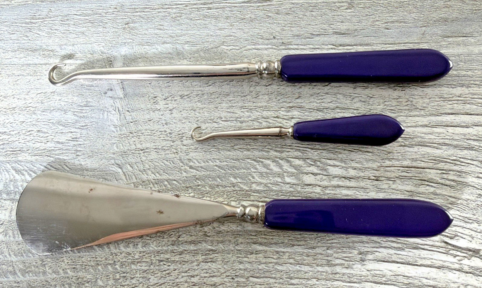 Vintage 3 Pc Blue Bakelite Handle Shoe Boot Button Hook & Shoe Horn Set In Case