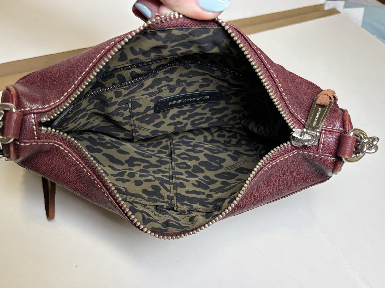 Rebecca Minkoff Mini Mac Crossbody Bag Maroon Leather Purse Chain Strap Studded