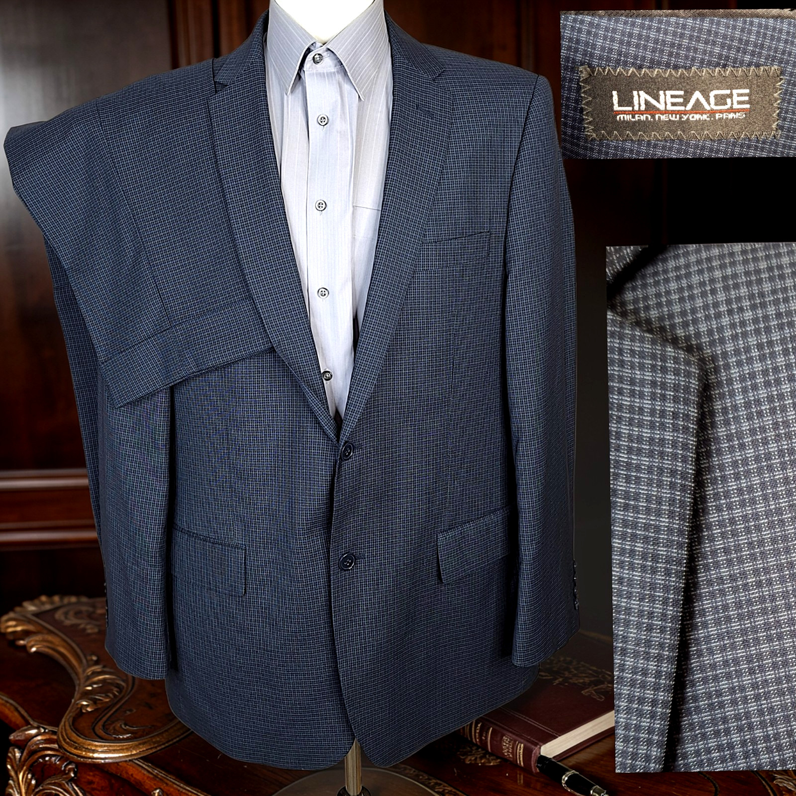Lineage Suit 2 Piece Mens 44L 38X30 Blue Gray Plaid Double Vented