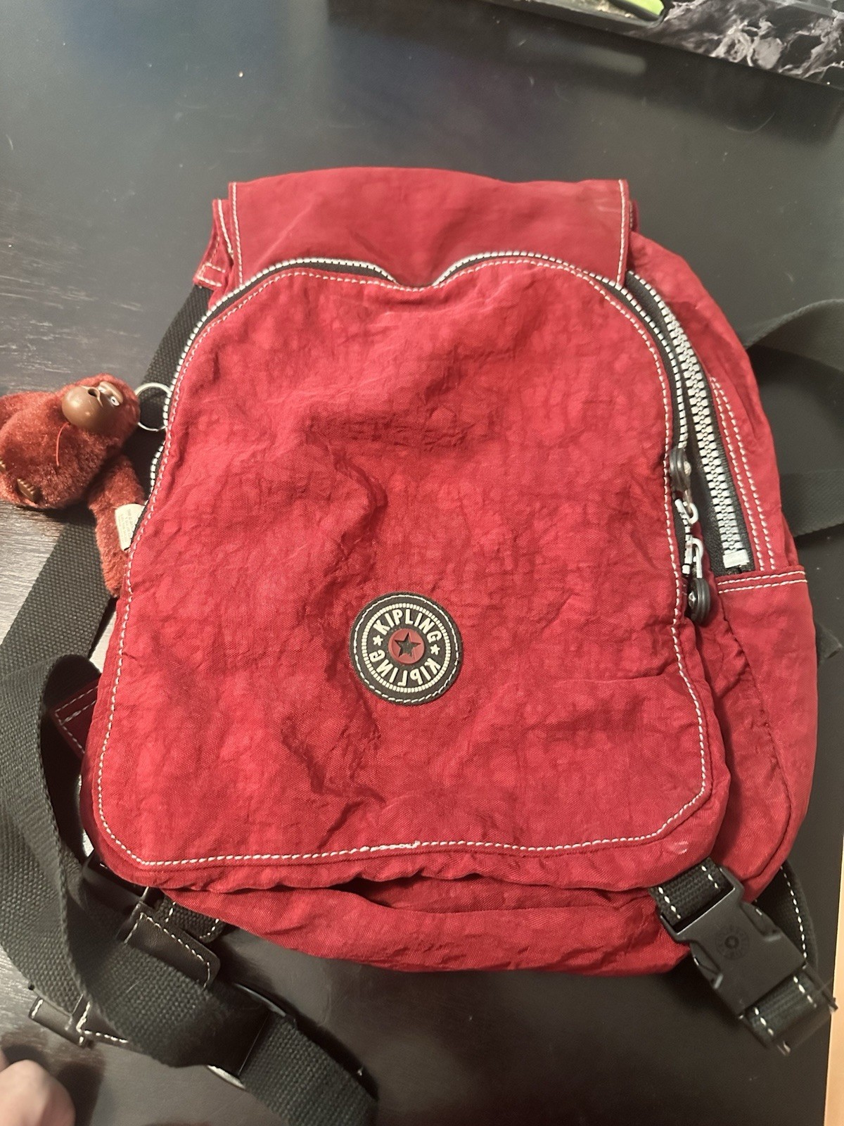 Kipling maroon Red Small Backpack Zip Closurea Adjustable Strap Monkey Keychain