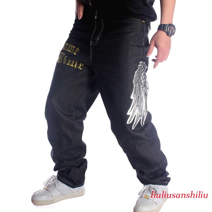 Mens Black Embroidery Jeans Relaxed Fit Loose Hip Hop Streetwear Pants W30-W46