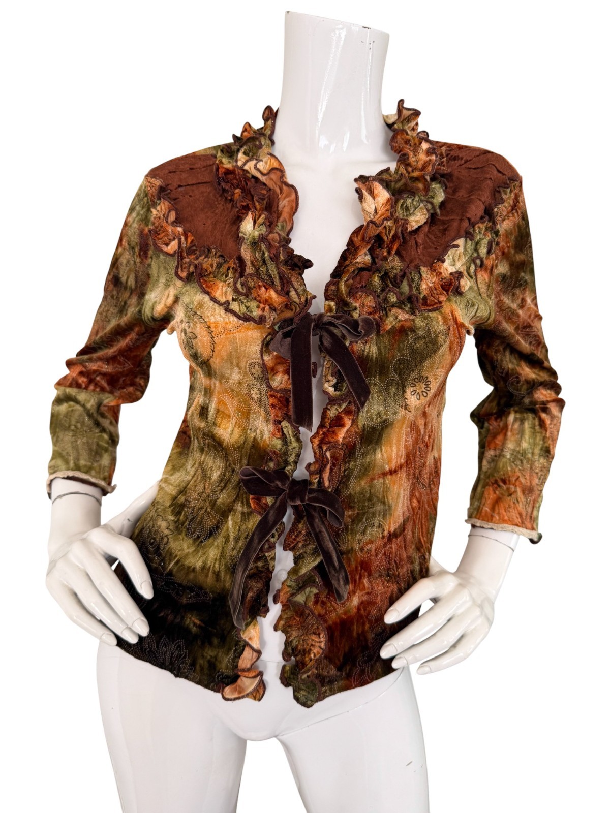 Y2K Crushed Velvet Top Jacket Small Tie Ribbon Ruffle Fairy Forest Goblin Whimsi