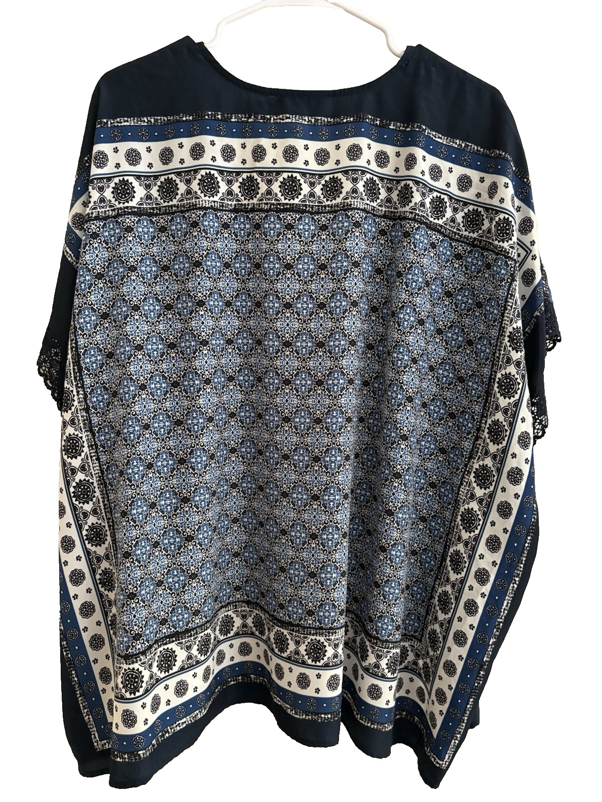 Blu Pepper Navy Blue Floral Semi-Sheer Kimono – Size M Lace Accent Sleeves
