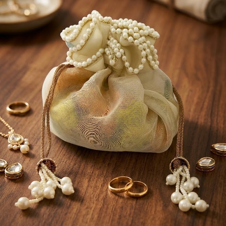 Indian Dry Fruit Gifting Organza Potli Bag for Women, Haldi Wedding Ceremony