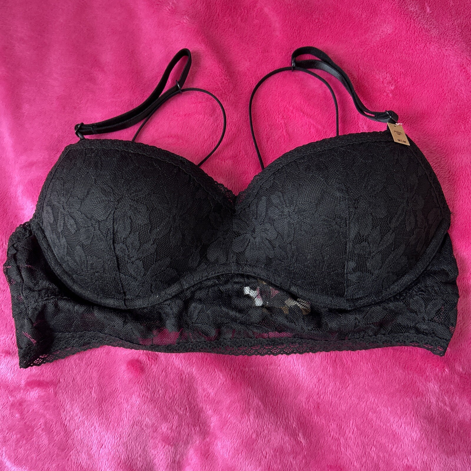Pink By Victorias Secret Lace Bralette Push-Up Size Medium,Black Color NEW