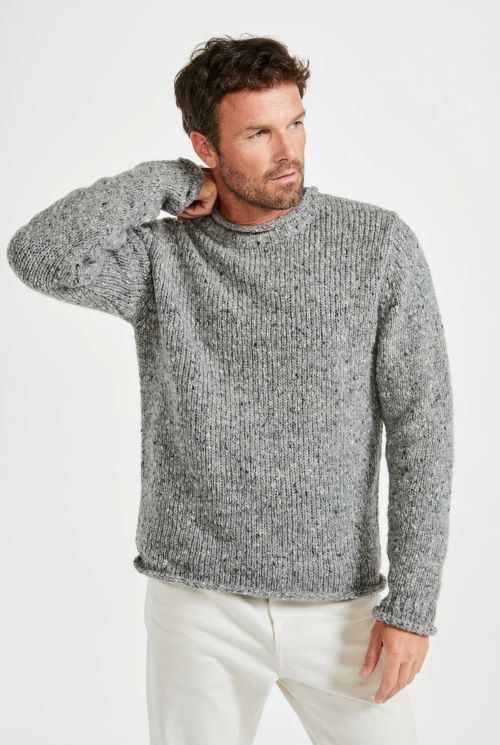Aran Woollen Mills Raheen Tweed Roll Neck Mens Sweater – Light Grey