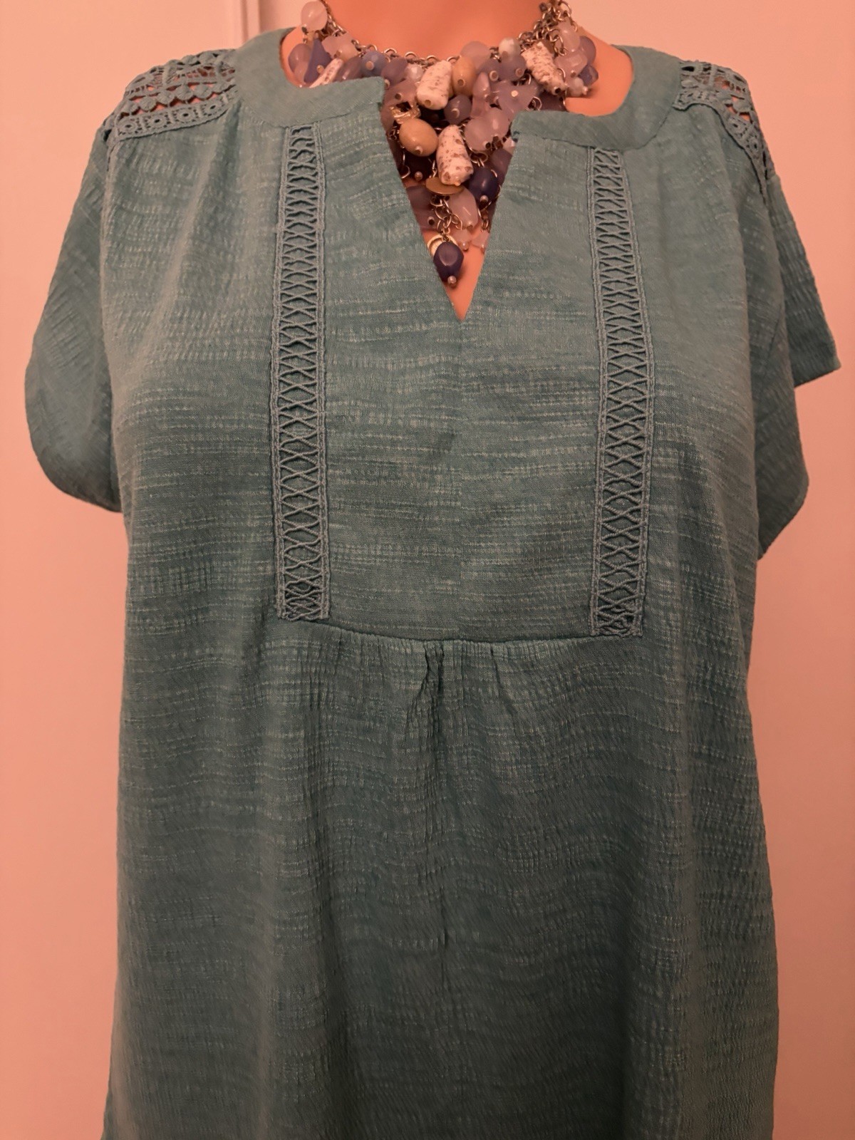 Cable & Gauge Women’s Green Split Neck Crochet Tunic Blouse, M