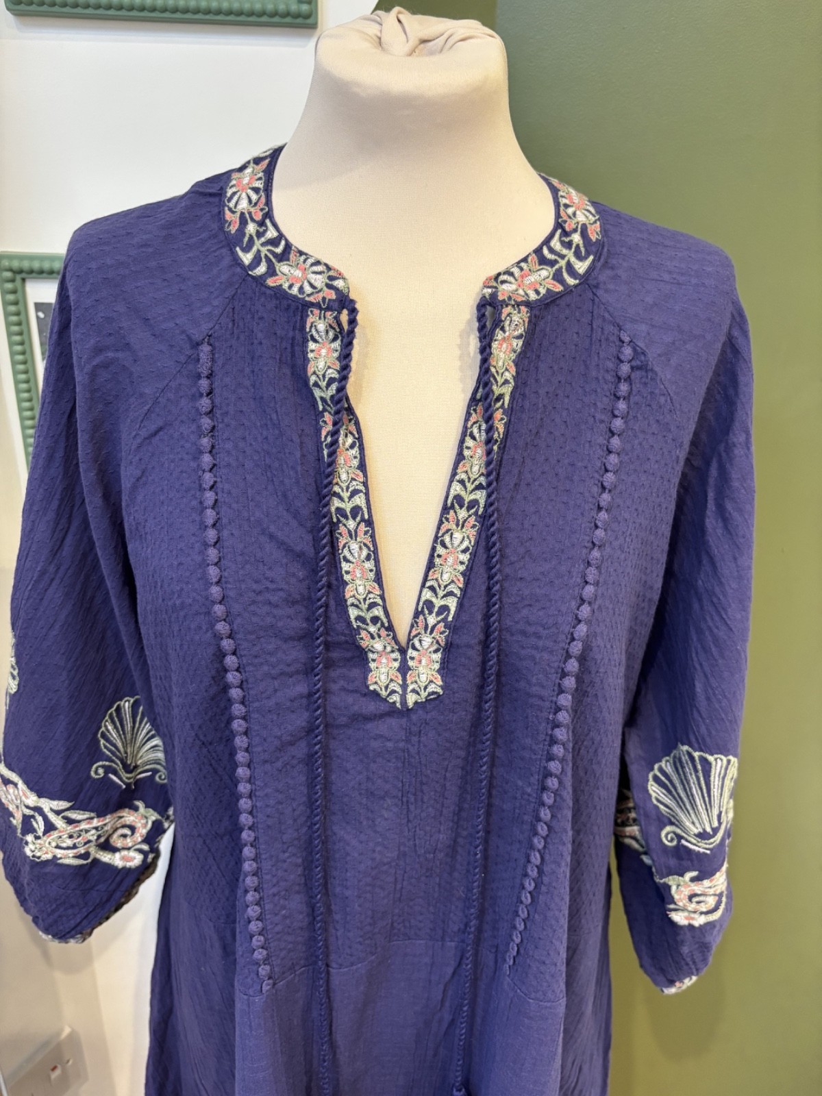 Accessorize Beach Holiday Indigo Blue Short Dress Shell Embroidery L UK 16-18