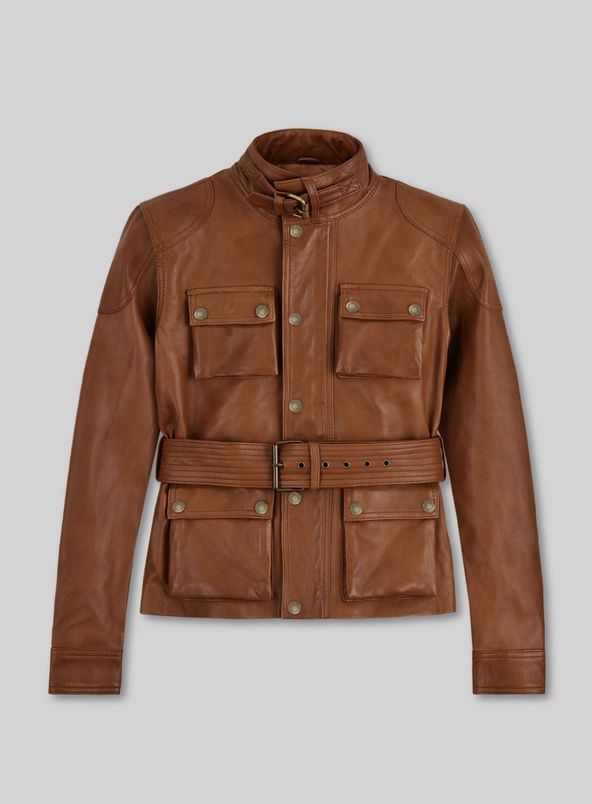 NEW Womens Tan Brown Leather Field Jacket Belted Safari Waxed Biker Cargo Coat