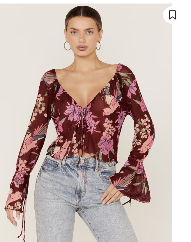 Free People Women’s Floral Mesh Tie-Front Sheer V-Neck Bell Sleeve Crop S