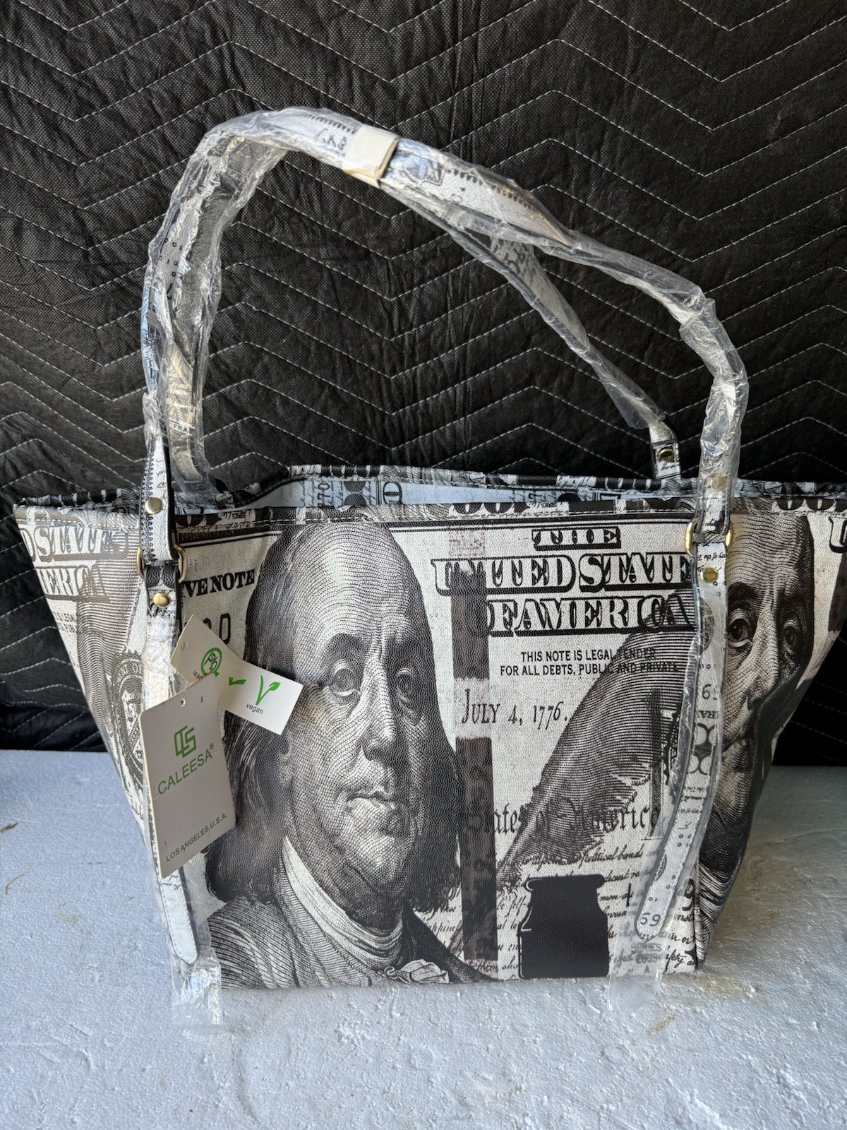 Caleesa $100 Dollar Bill Print Tote Bag Vegan Leather Shoulder Handbag