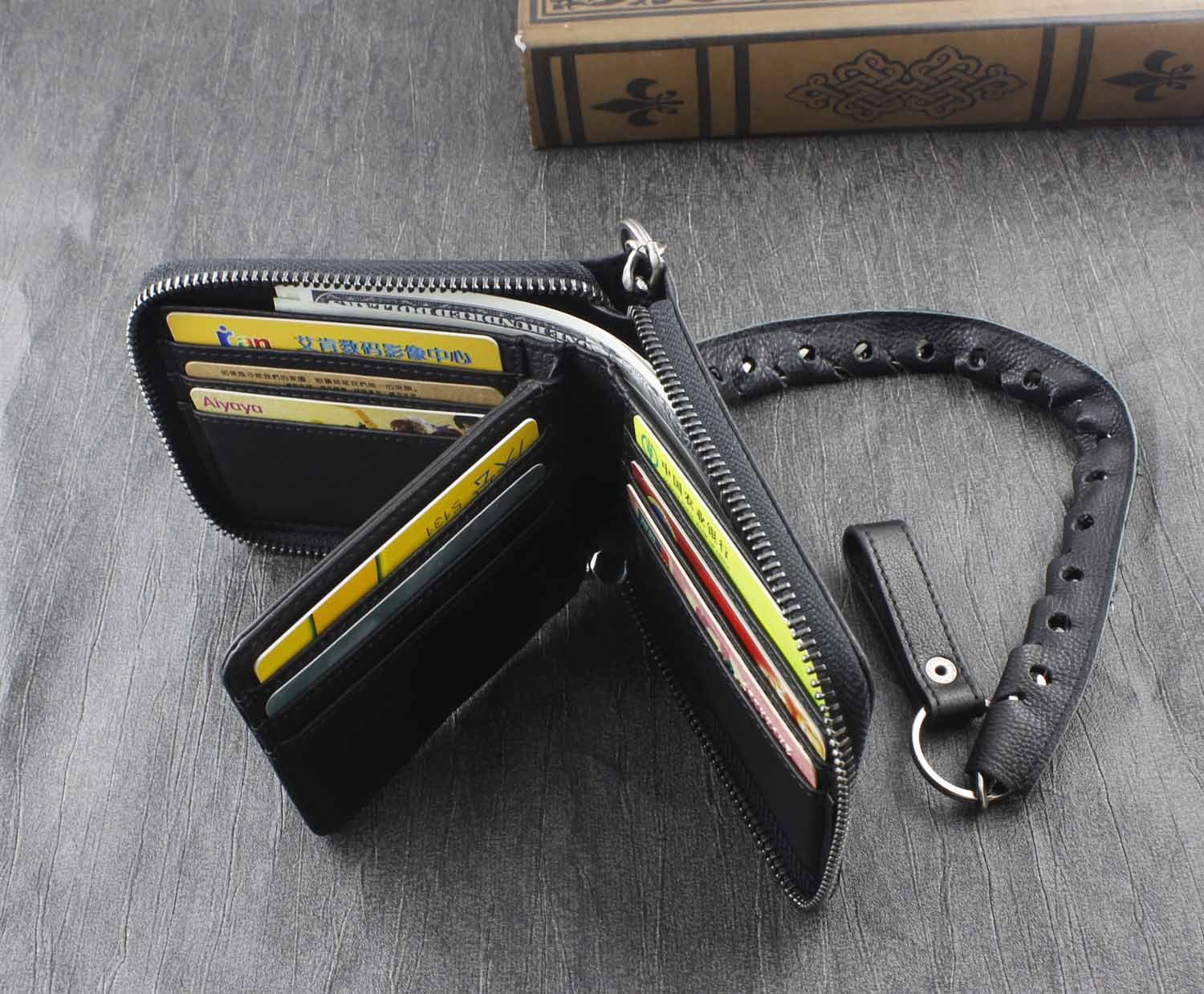 Wallet for Men Sheep Leather Zipper Card Biker Wallet With Safe Chain Black