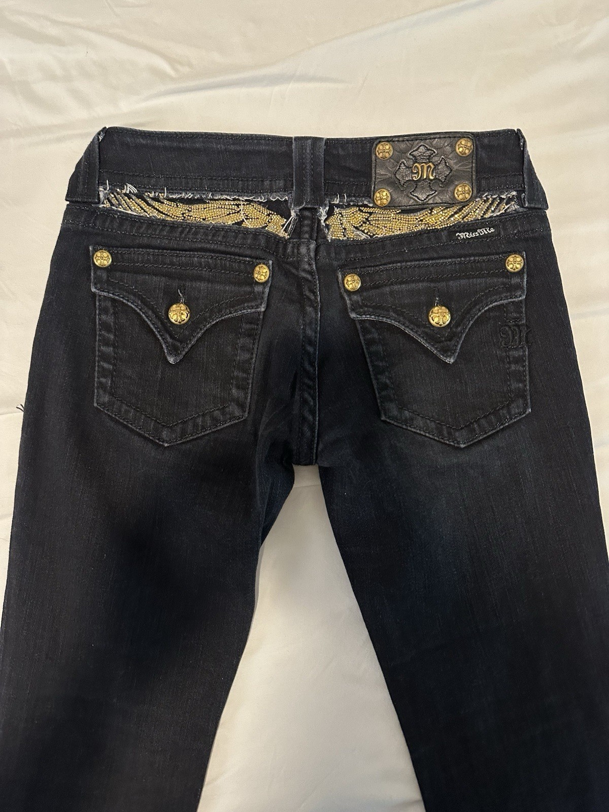 Miss Me Women Bootcut Jeans Black Dark Wash Low Rise Stretch Rhinestone 28