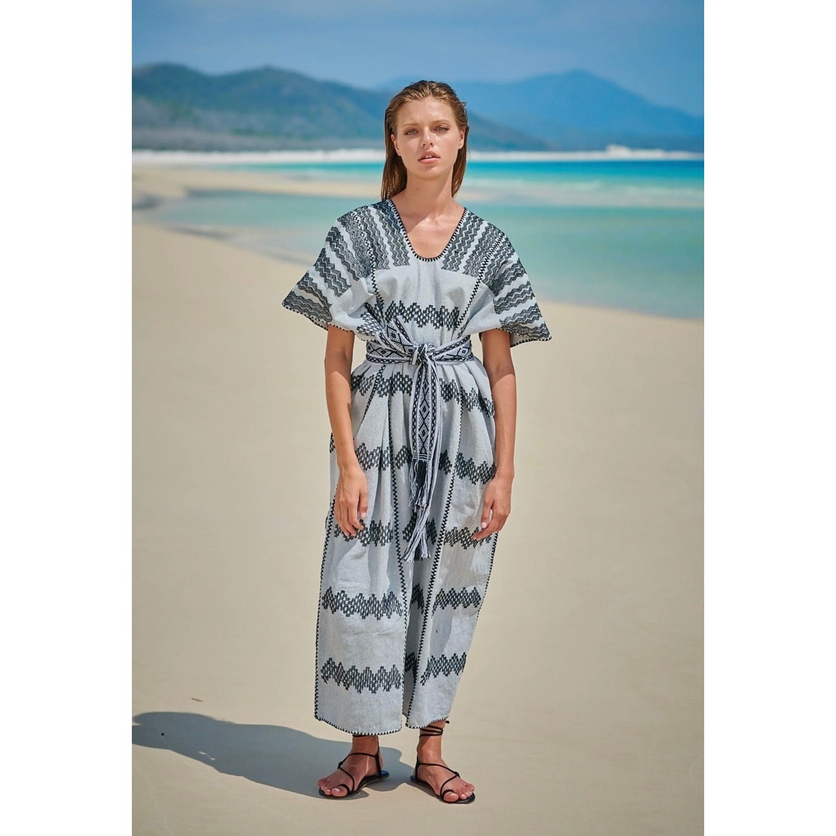 Pippa Holt No 212 Handwoven Cotton Three Panel Kaftan Grey Black One Size Beach