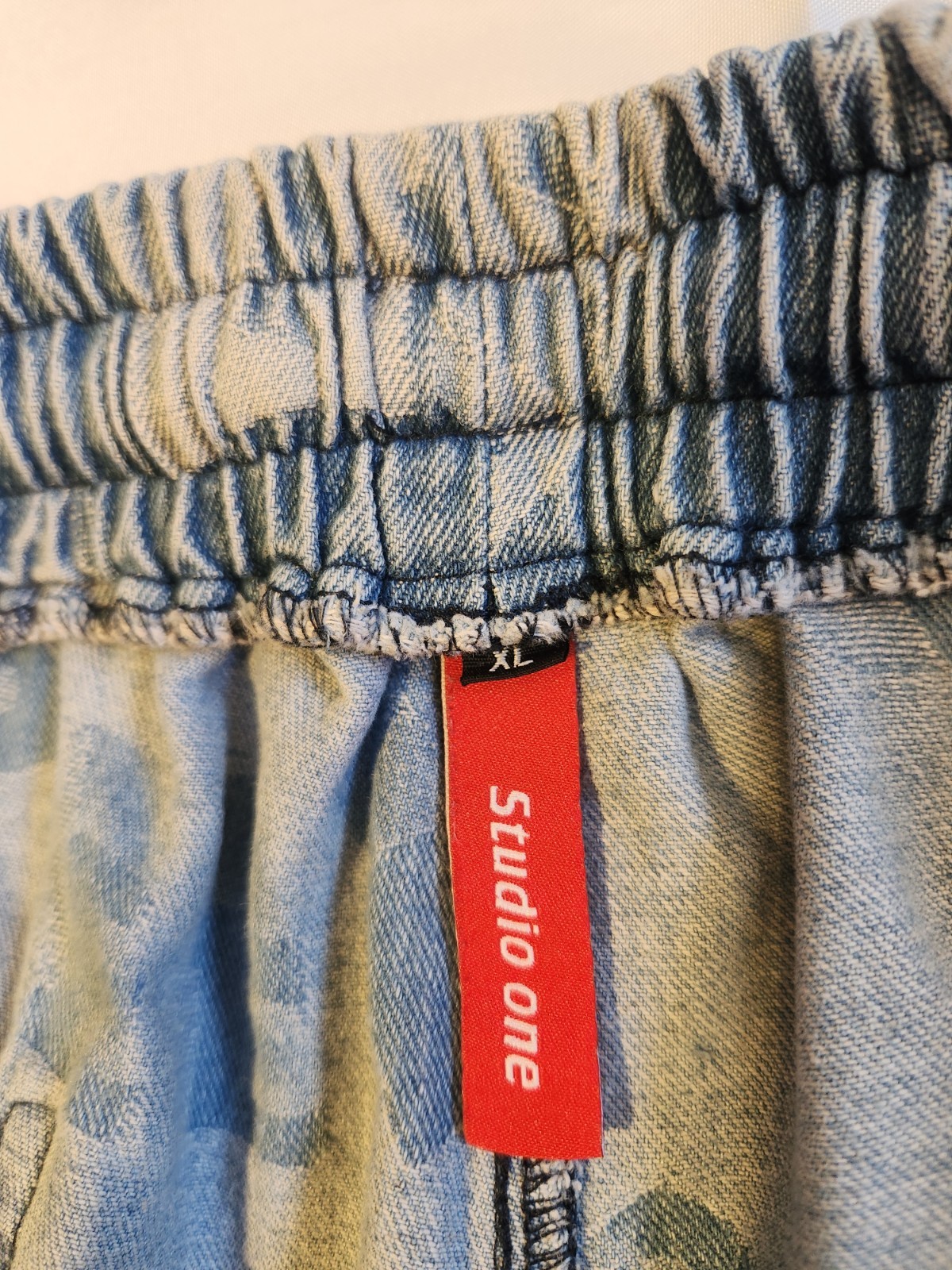 Studio One Light Wash Blue Denim Wide-Leg Jeans Logo Drawstring Elastic XL