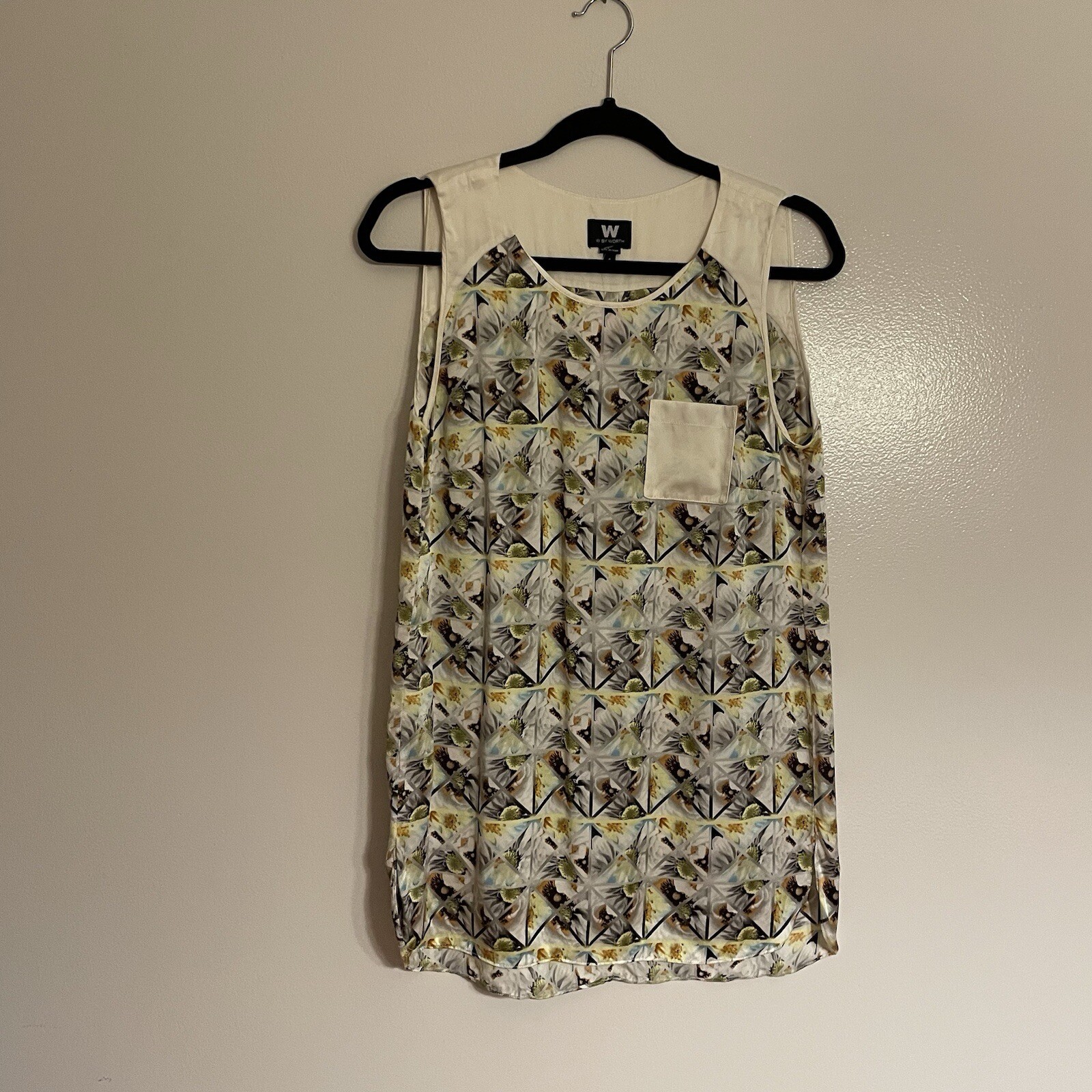 W By Worth Wmn 4 Ivory Multicolor Floral 100% Silk Tunic Length Sleeveless Top