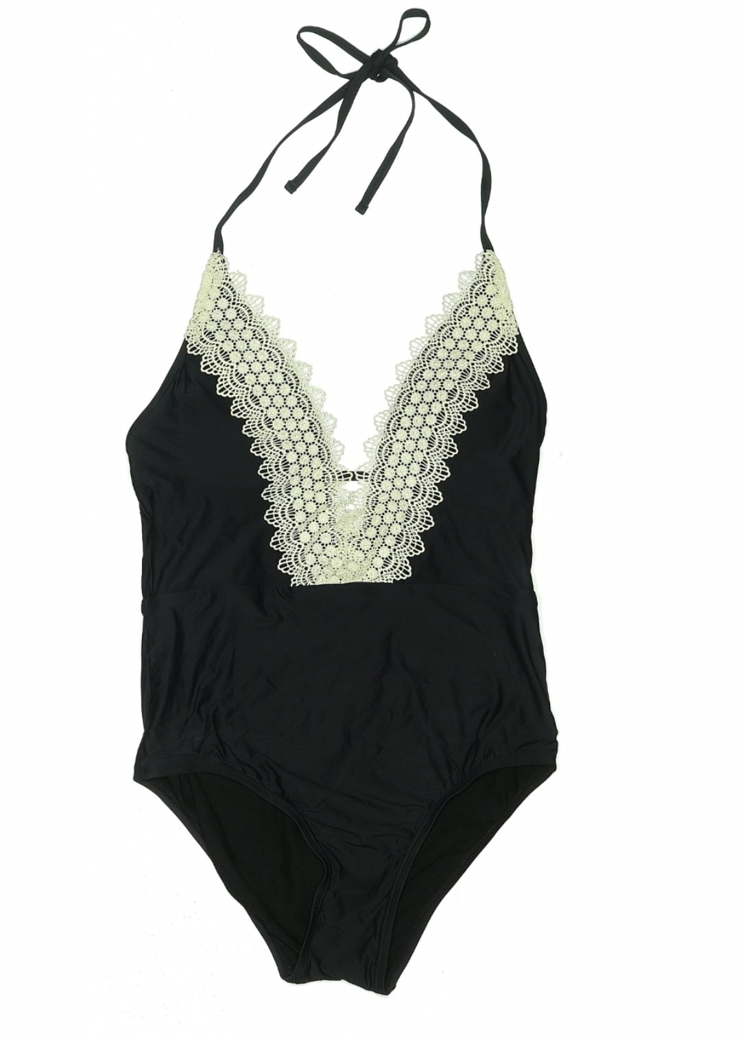 Angel Suit Brand W-size M Black/Cream Crochet V-neck line One Piece Swimsuit.