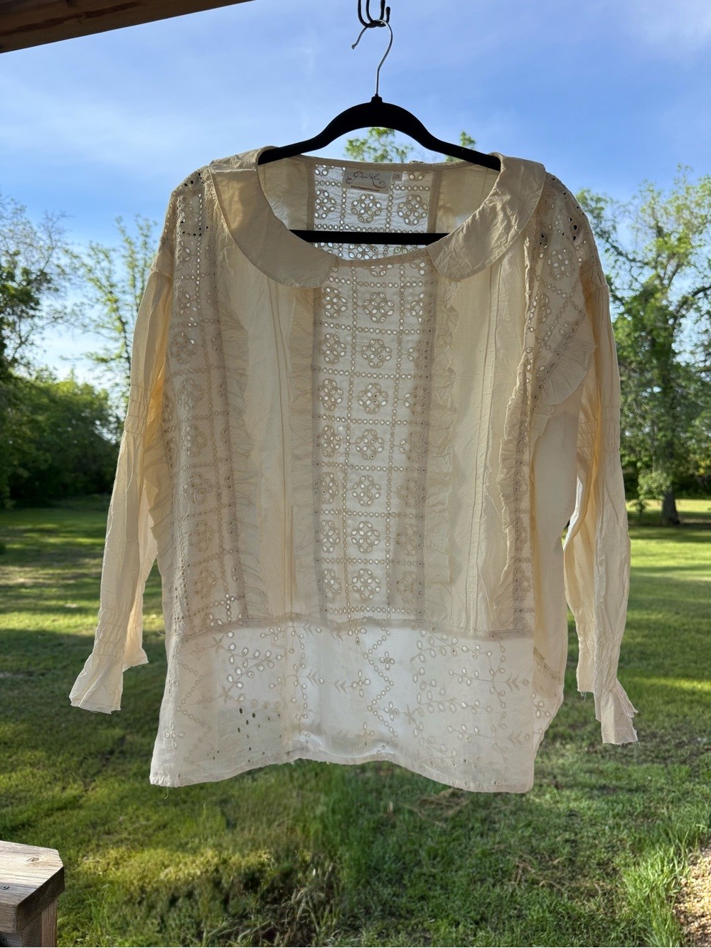 Cream Eyelet Lace Peasant Blouse with Peter Pan Collar