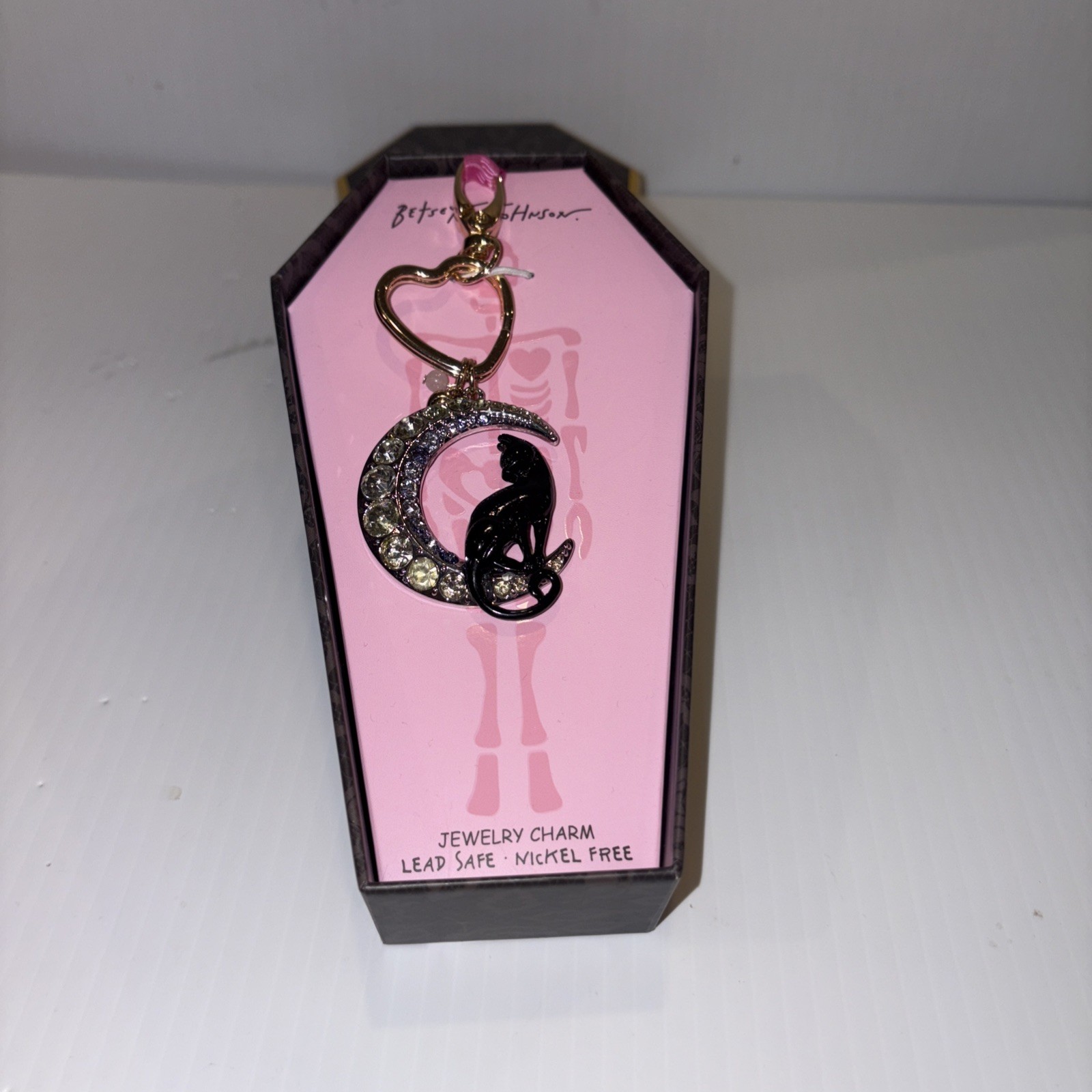 $58 Betsey Johnson Halloween Moon & Black Cat Jewelry Charm Keychain NEW in Box