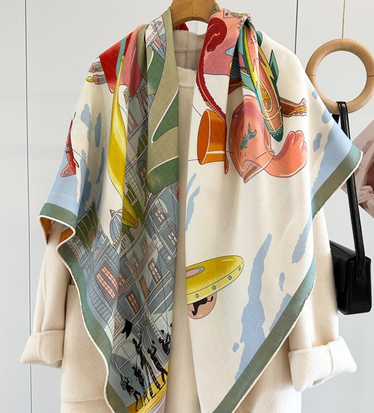 70% Cashmere 30% Silk Scarf Double face print Large WrapWomen Square Shawl 53″