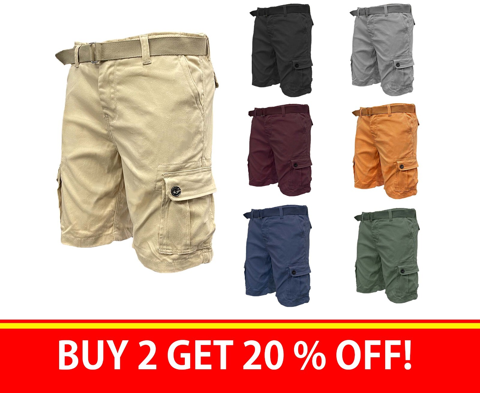 Mens Summer Cargo Belted Stretch Flat Front Pockets Regular-Fit 28 30 32 34 36