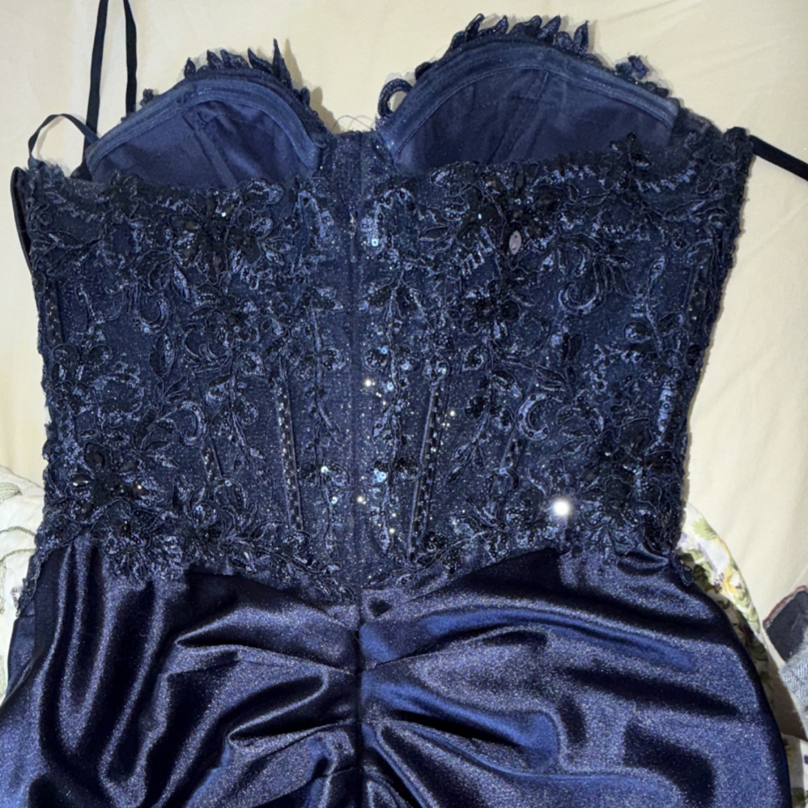 Ladivine by Cinderella Divine Navy Blue Sequined Formal Gown