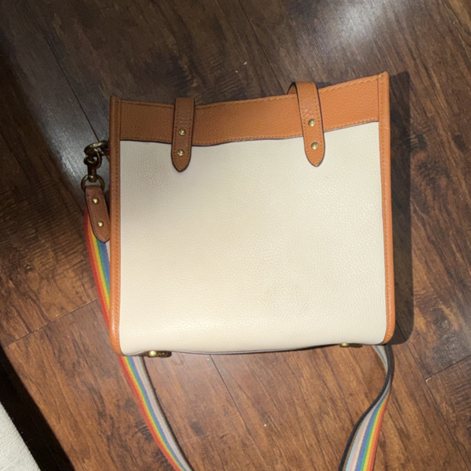 Coach Beige/Brown Crossbody Bag Rainbow Strap Patches Zipper Gold Lined
