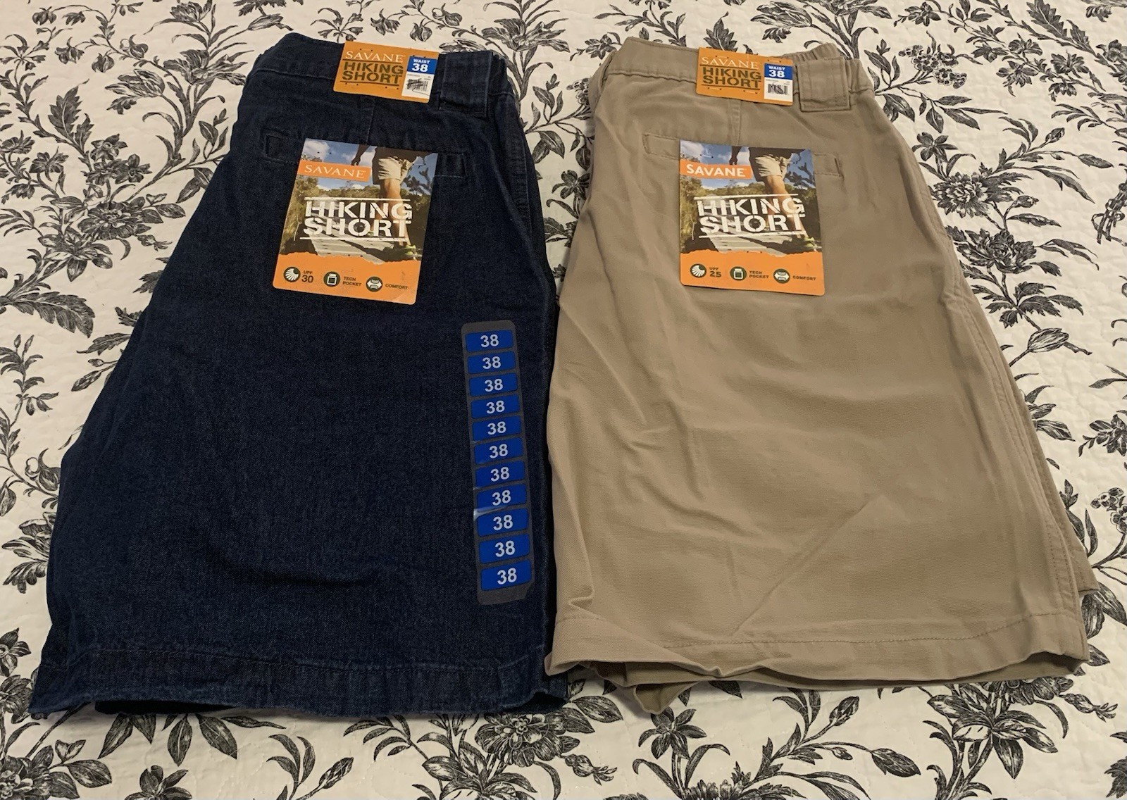 2 – Savane Mens Hiking Shorts Size 38×8 Blue Khaki Tan Beige Cargo Tech NWT!