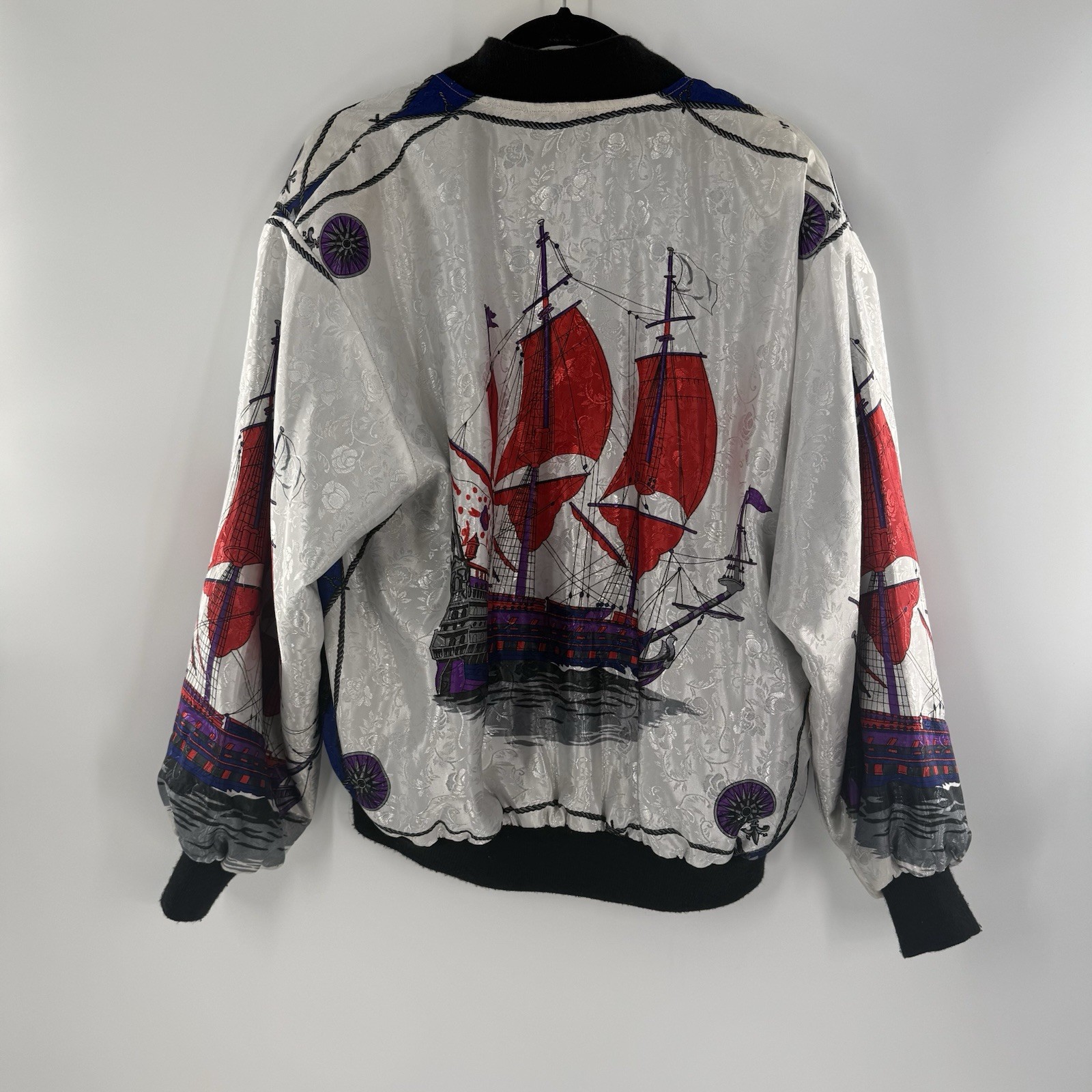 Vintage Nautical Retro Silk Ship Long Sleeve Full Zip Bomber Jacket