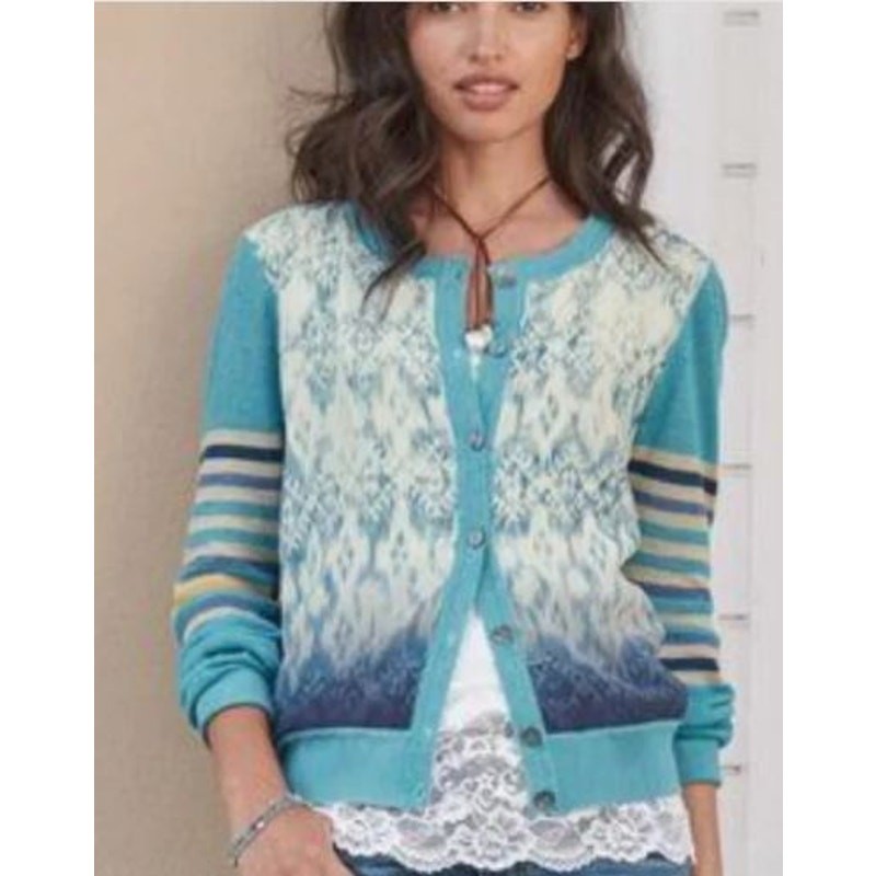 Sundance Small Ikat Joy Cardigan Sweater Blue Linen Silk Rayon Blend Button Up