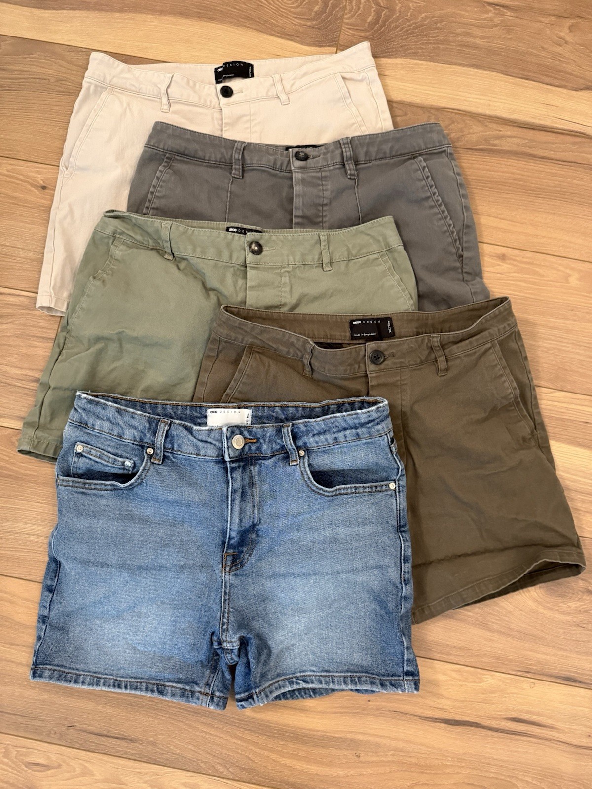 5 Pairs ASOS Men’s 32” 4.5” Inseam Shorts Bundle Blue/Gray/Beige/Green/Denim