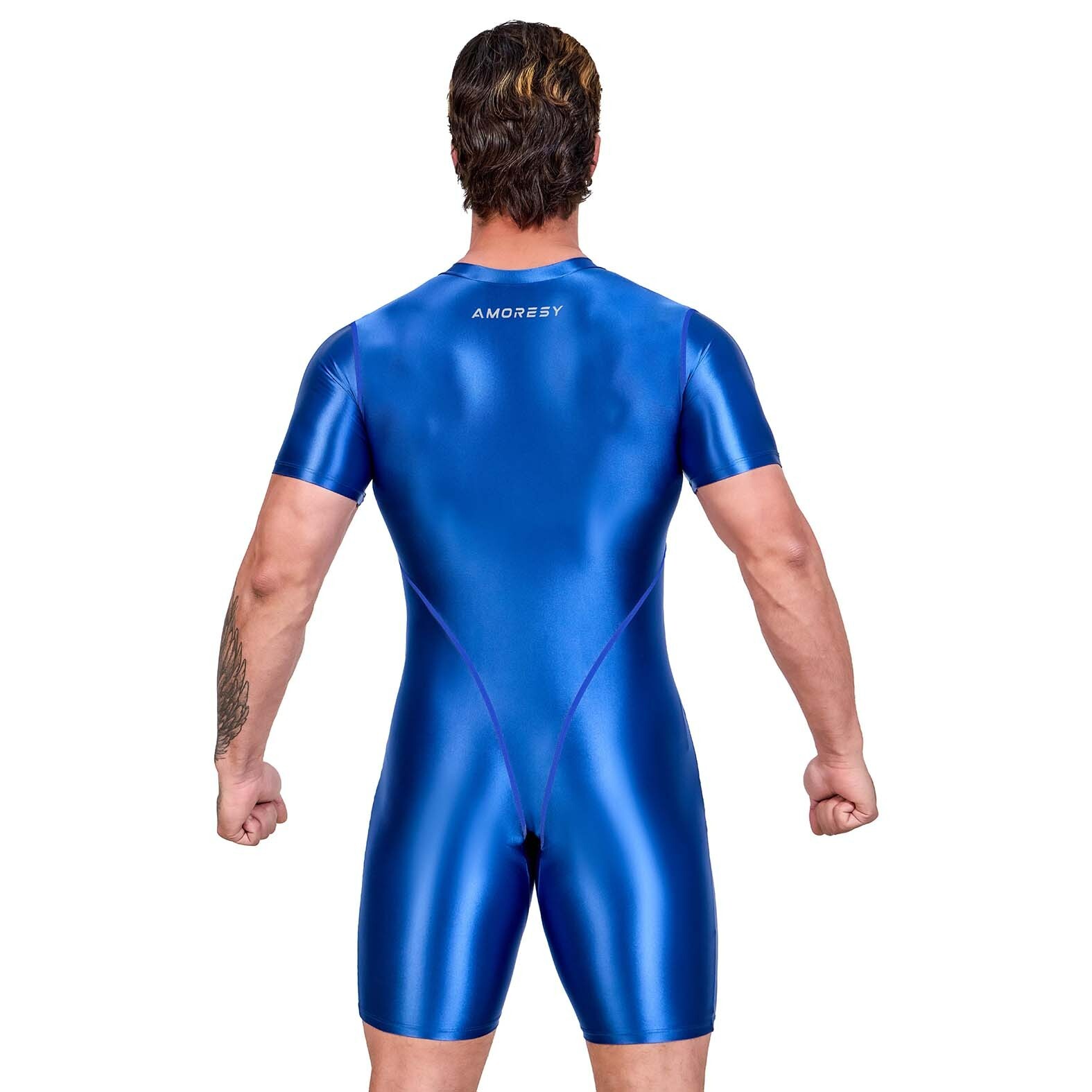 NEW AMORESY Men Shiny Glossy Tracksuits Bodysuit Tights Jumpsuits Overalls Suits