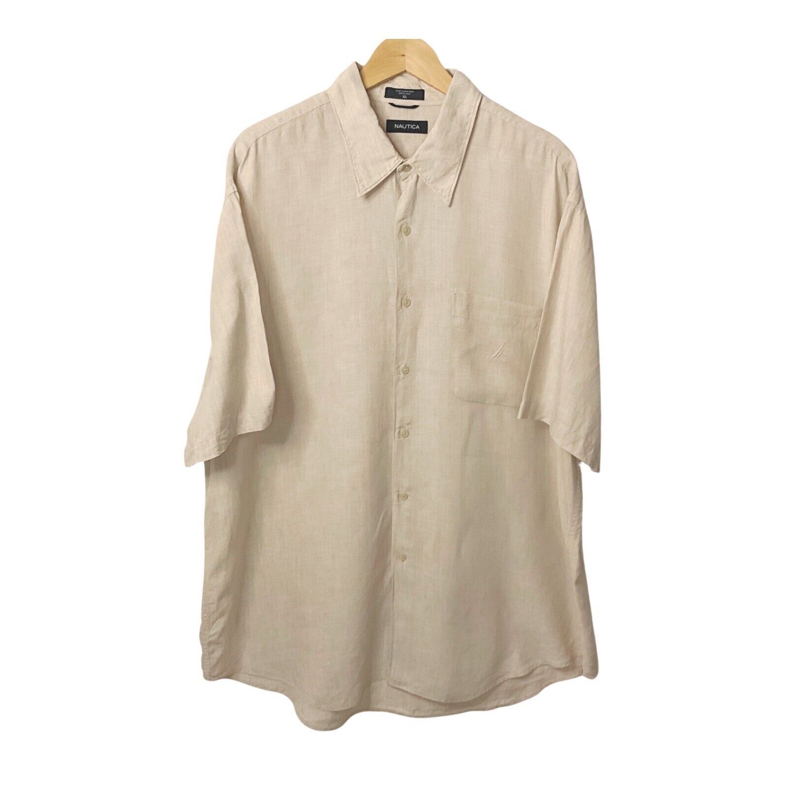Nautica Mens XL Linen Shirt Tan Beige Short Sleeve Button Up Beach Vacation