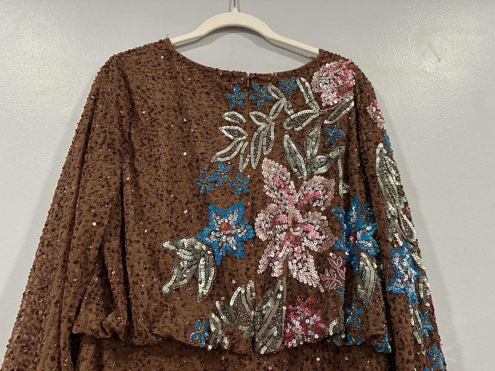 Mac Duggal 5615 Mocha High Neck Long Sleeve Sequin Gown Sz 16 NWOT