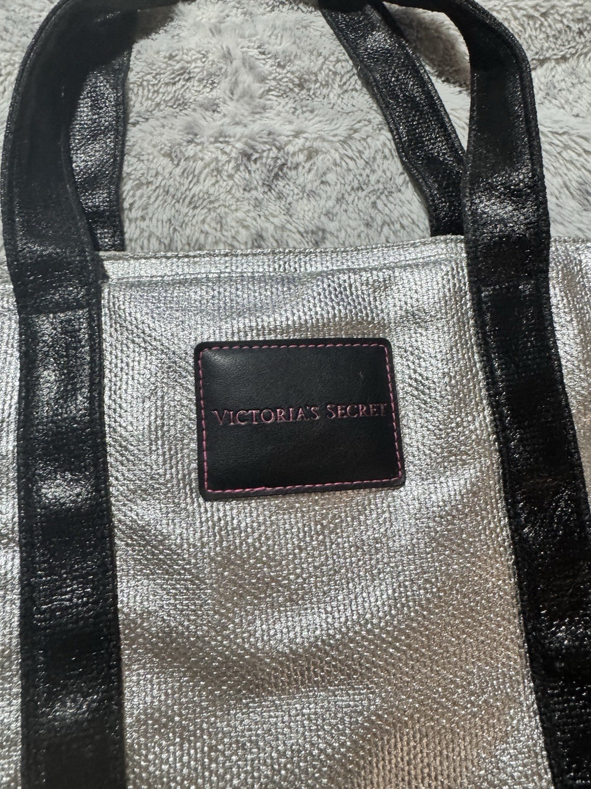 Victoria’s Secret Silver Metallic Black Tote Zip Top Silver Hardware Lined