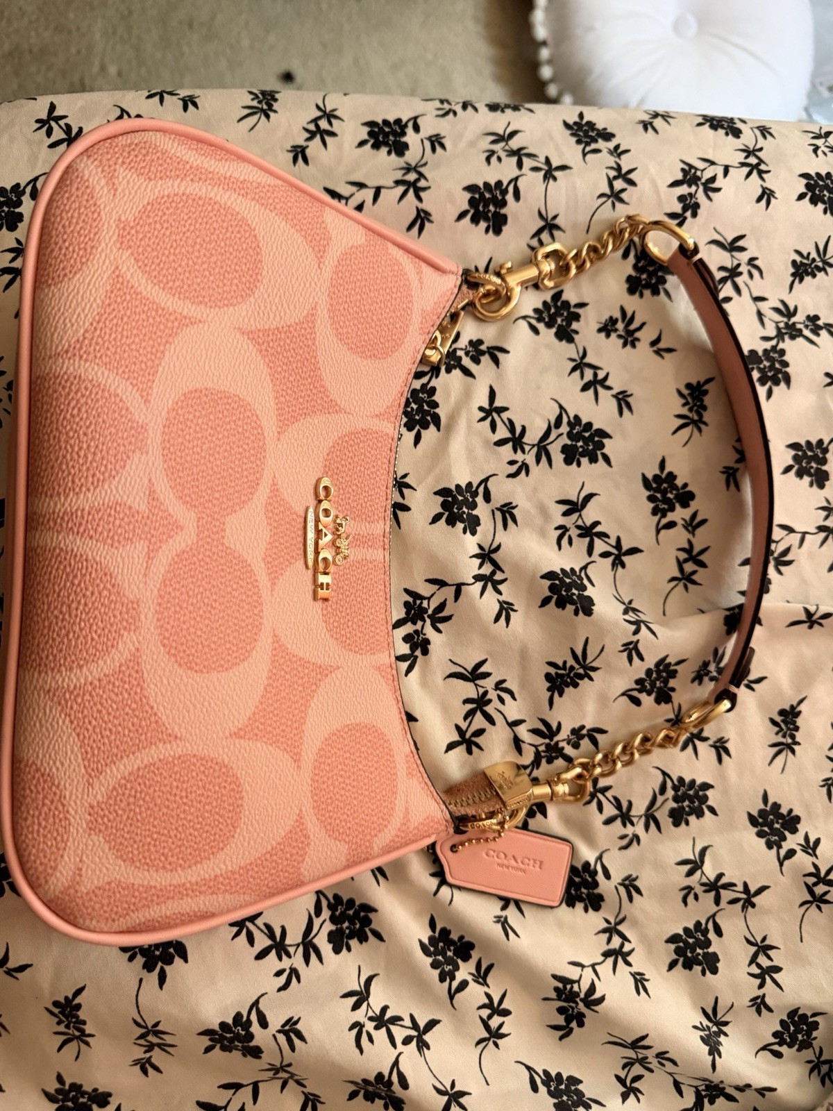 Coach Pink Signature Logo Small Crescent Zip Shoulder Bag Gold Chain Strap Charm