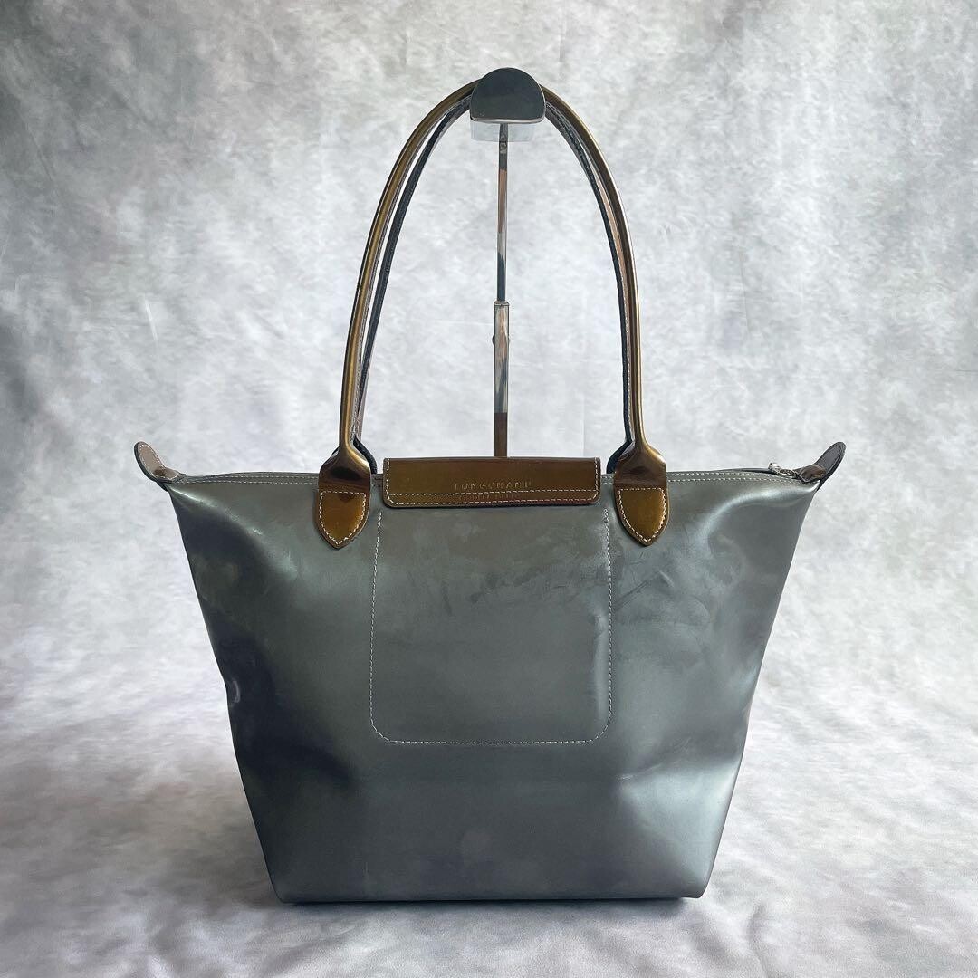 Longchamp Le Pliage Metallic Silver Gray Embossed Logo Tote Brown Trim Y2K Auth