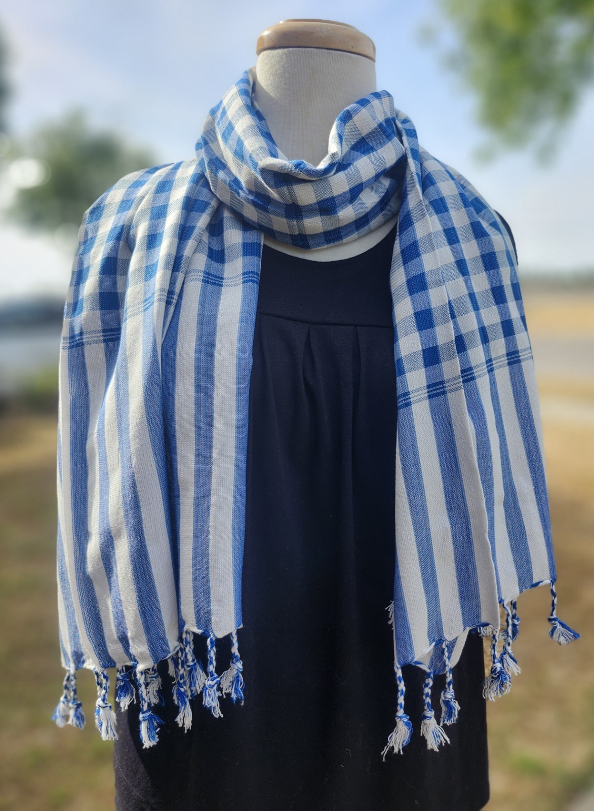 Krama 100% Cotton Handmade Khmer Ocean Blue/White Scarf 64 x 25 Inches