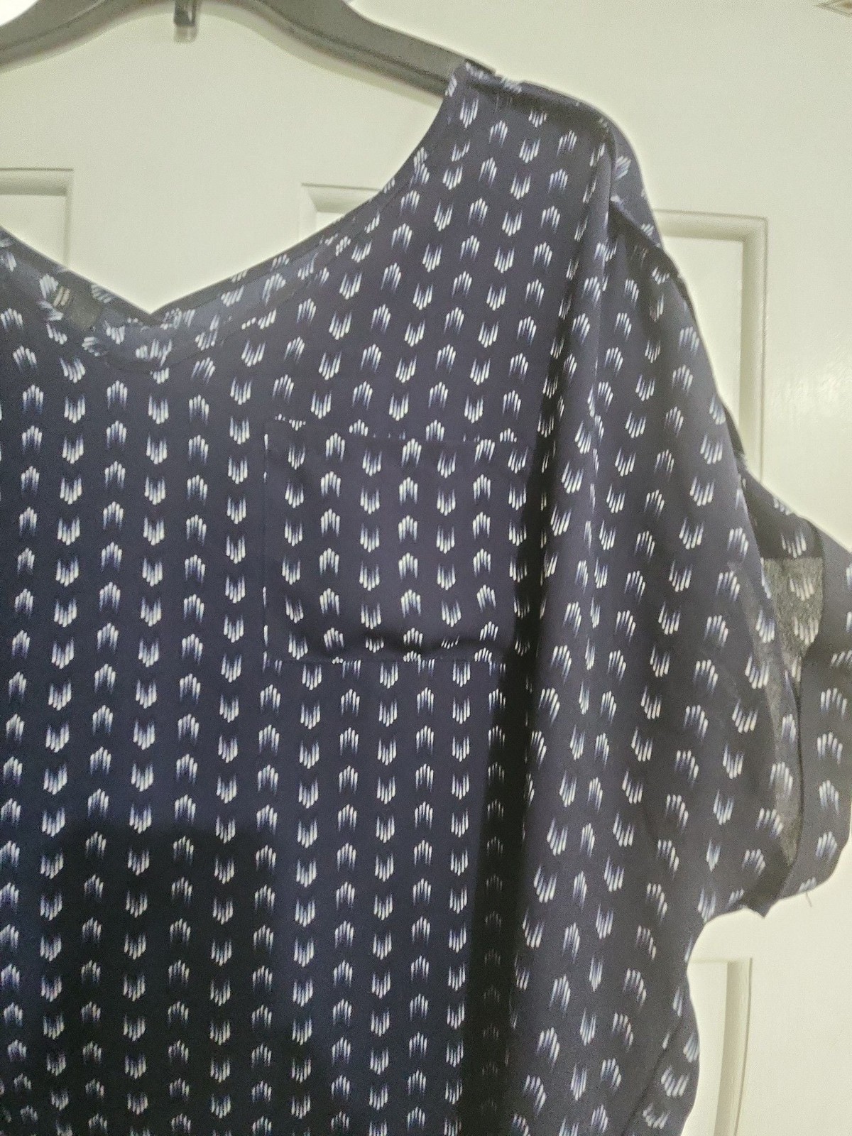 maurices navy blue and white ikat print v-neck blouse with chest pocket