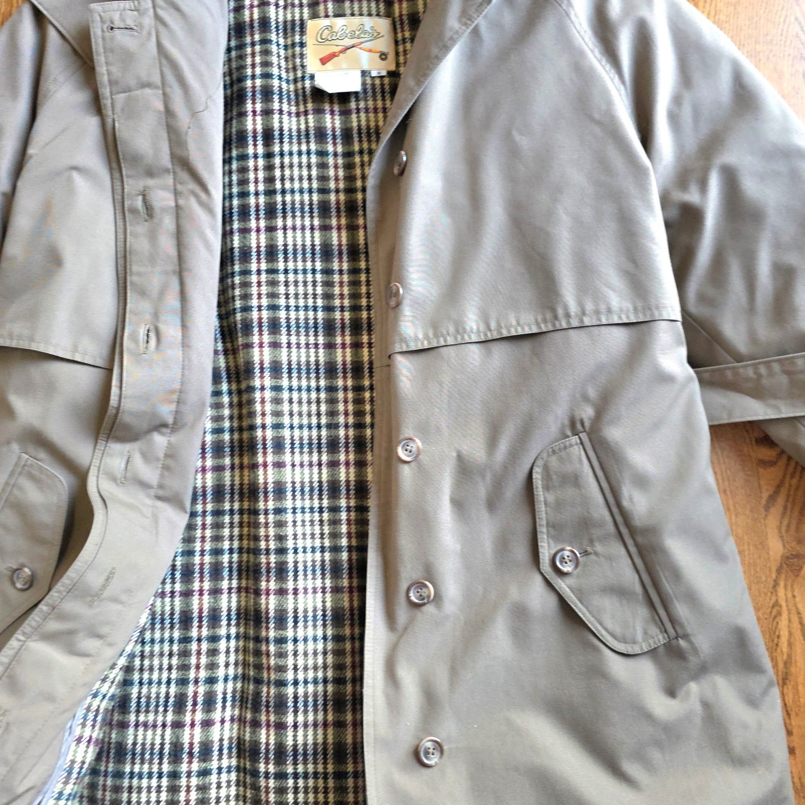 Cabelas Womens Lined Trench Coat Hooded Plaid Scarf Belted Khaki Size S