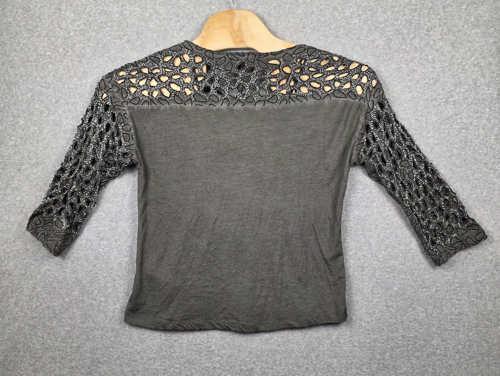 Forever 21 Shirt Womens Large Gray Beaded Cutout Sheer Grunge Whimsigoth