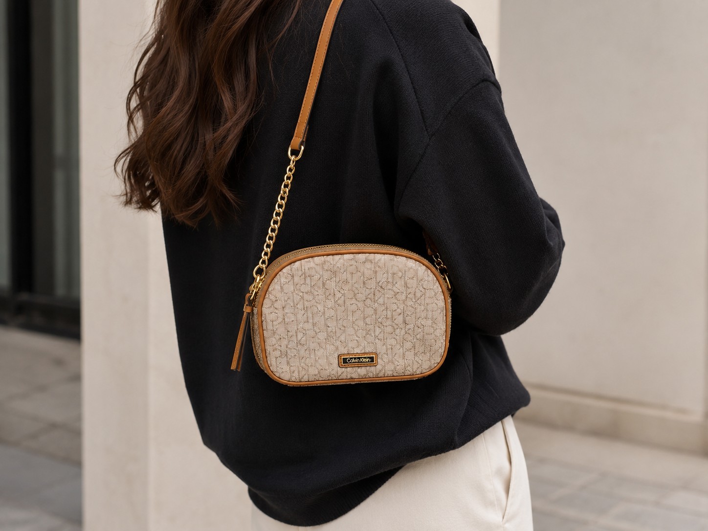 Calvin Klein Small Beige/Brown Monogram Crossbody Bag Zip Gold Chain Strap
